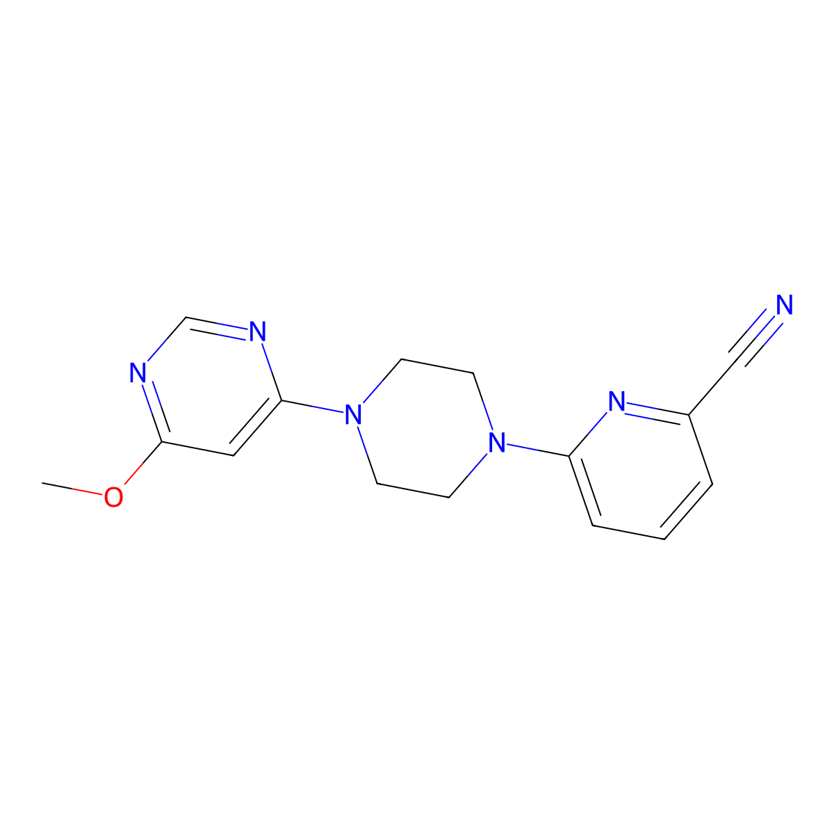 6-[4-(6-Methoxypyrimidin-4-yl)piperazin-1-yl]pyridine-2-carbonitrile molecular structure, CAS 2415564-76-8