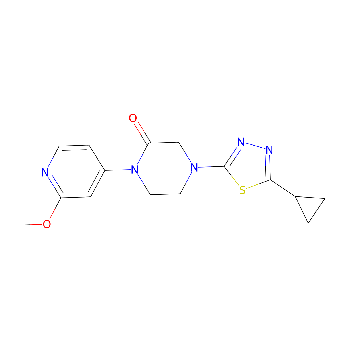 4-(5-Cyclopropyl-1,3,4-thiadiazol-2-yl)-1-(2-methoxypyridin-4-yl)piperazin-2-one molecular structure, CAS 2415564-83-7