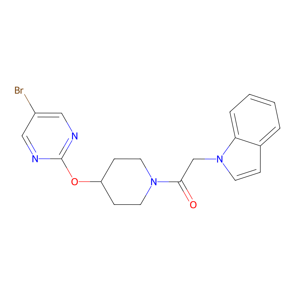 1-{4-[(5-bromopyrimidin-2-yl)oxy]piperidin-1-yl}-2-(1H-indol-1-yl)ethan-1-one molecular structure, CAS 2415564-85-9