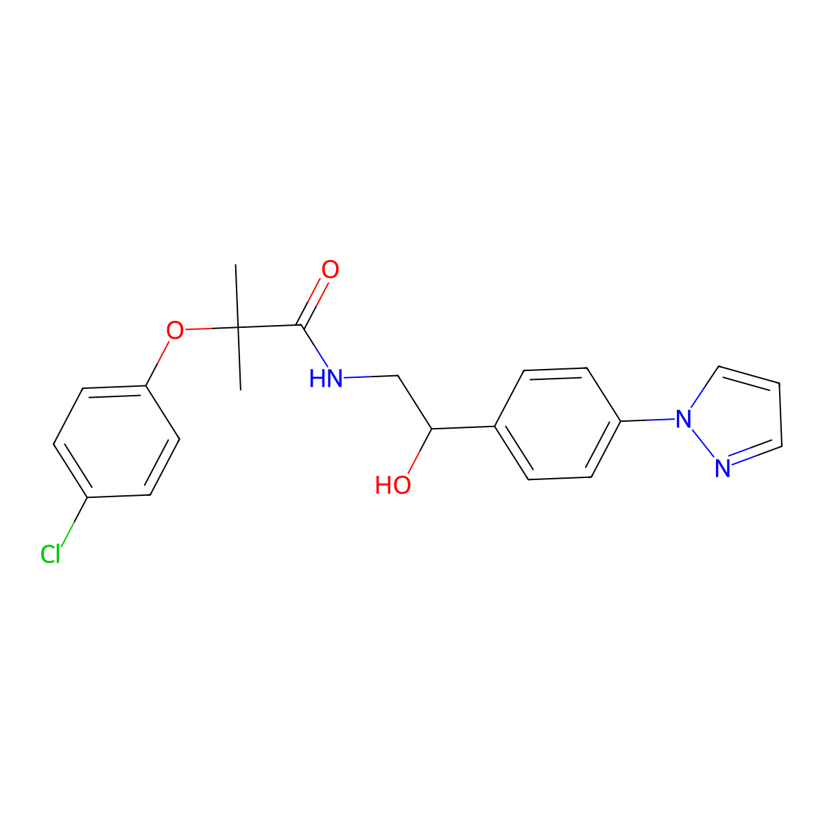 2-(4-chlorophenoxy)-N-{2-hydroxy-2-[4-(1H-pyrazol-1-yl)phenyl]ethyl}-2-methylpropanamide molecular structure, CAS 2415564-94-0