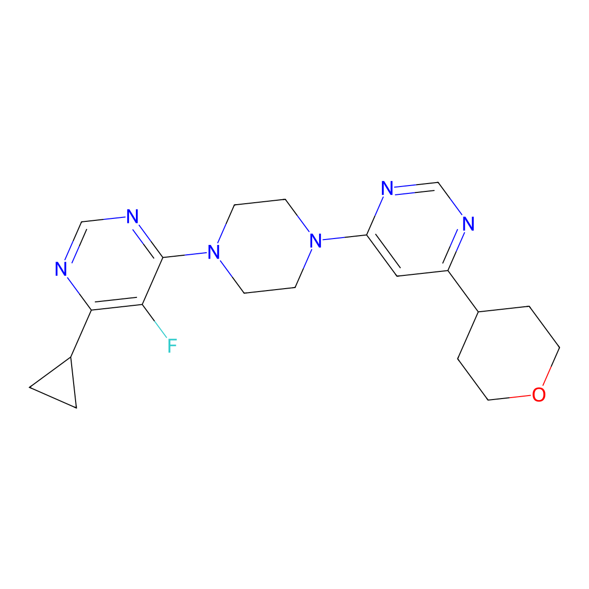 4-Cyclopropyl-5-fluoro-6-{4-[6-(oxan-4-yl)pyrimidin-4-yl]piperazin-1-yl}pyrimidine molecular structure, CAS 2415564-97-3