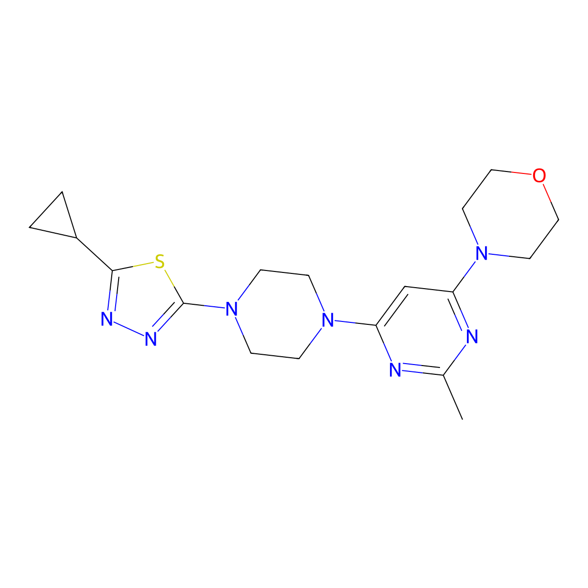 4-{6-[4-(5-Cyclopropyl-1,3,4-thiadiazol-2-yl)piperazin-1-yl]-2-methylpyrimidin-4-yl}morpholine molecular structure, CAS 2415565-01-2
