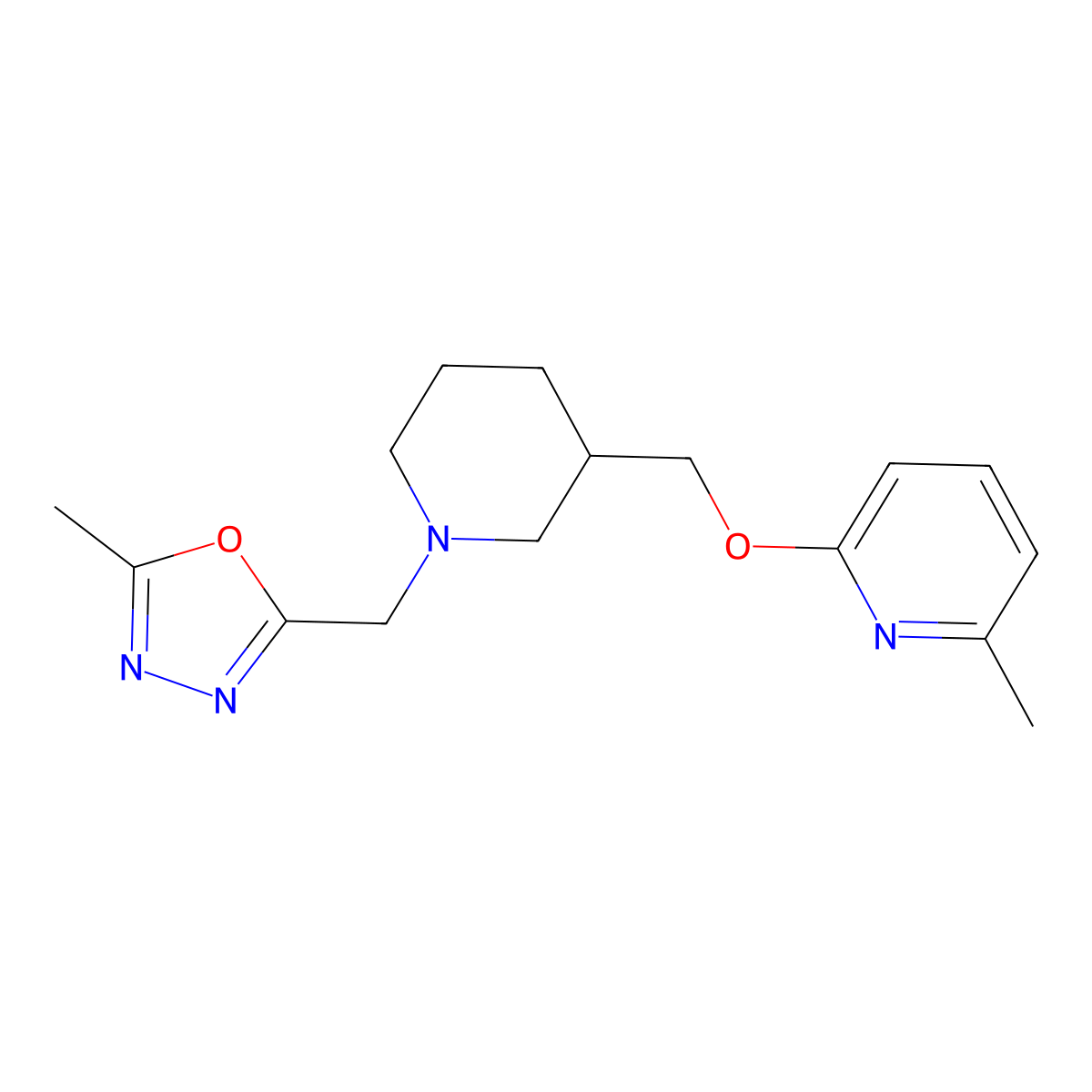 2-Methyl-6-({1-[(5-methyl-1,3,4-oxadiazol-2-yl)methyl]piperidin-3-yl}methoxy)pyridine molecular structure, CAS 2415565-09-0