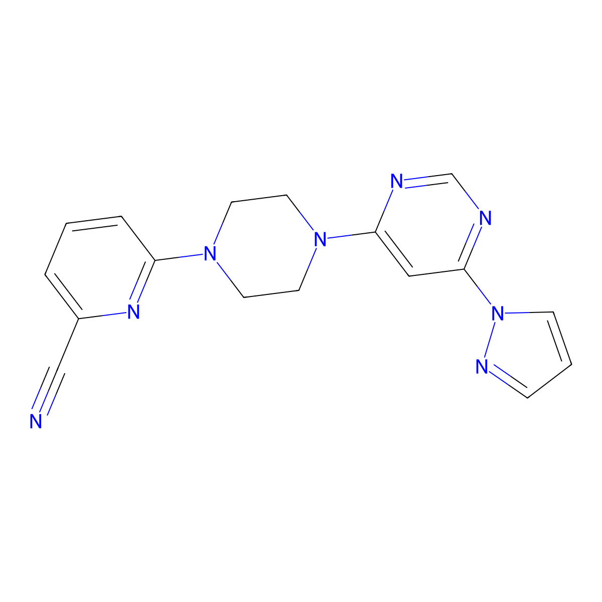 6-{4-[6-(1H-pyrazol-1-yl)pyrimidin-4-yl]piperazin-1-yl}pyridine-2-carbonitrile molecular structure, CAS 2415565-13-6