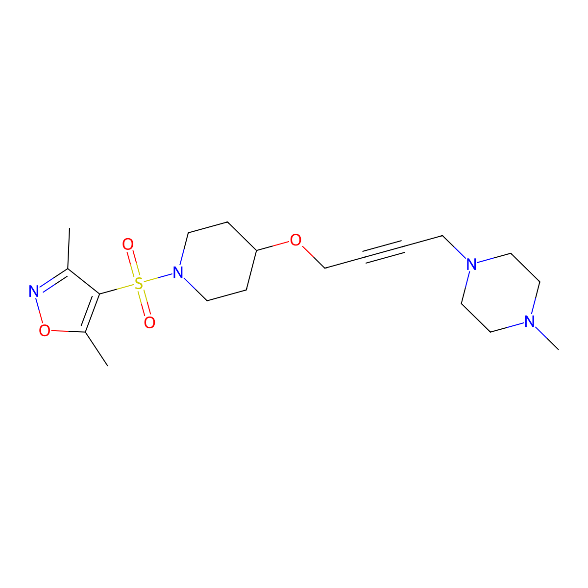 1-[4-({1-[(3,5-Dimethyl-1,2-oxazol-4-yl)sulfonyl]piperidin-4-yl}oxy)but-2-yn-1-yl]-4-methylpiperazine molecular structure, CAS 2415565-21-6