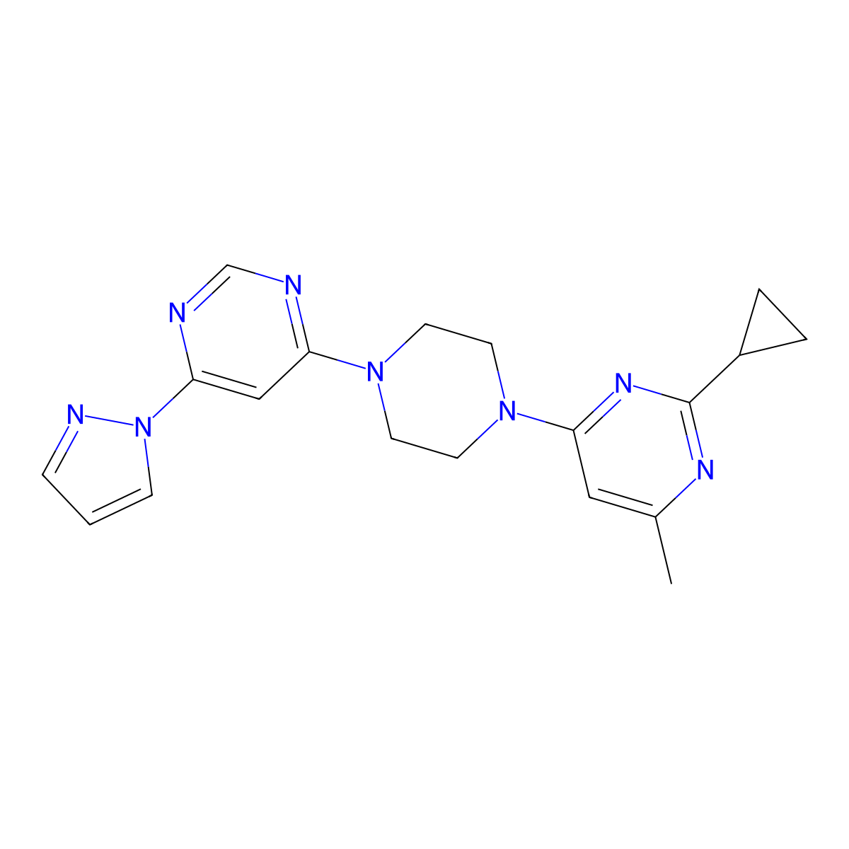 2-cyclopropyl-4-methyl-6-{4-[6-(1H-pyrazol-1-yl)pyrimidin-4-yl]piperazin-1-yl}pyrimidine molecular structure, CAS 2415565-23-8