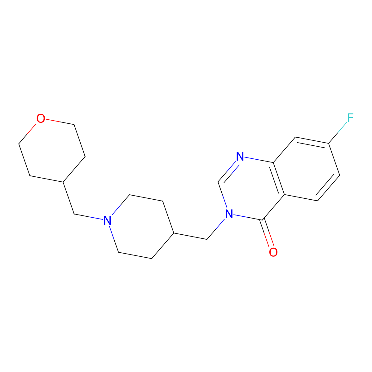 7-Fluoro-3-({1-[(oxan-4-yl)methyl]piperidin-4-yl}methyl)-3,4-dihydroquinazolin-4-one molecular structure, CAS 2415565-27-2