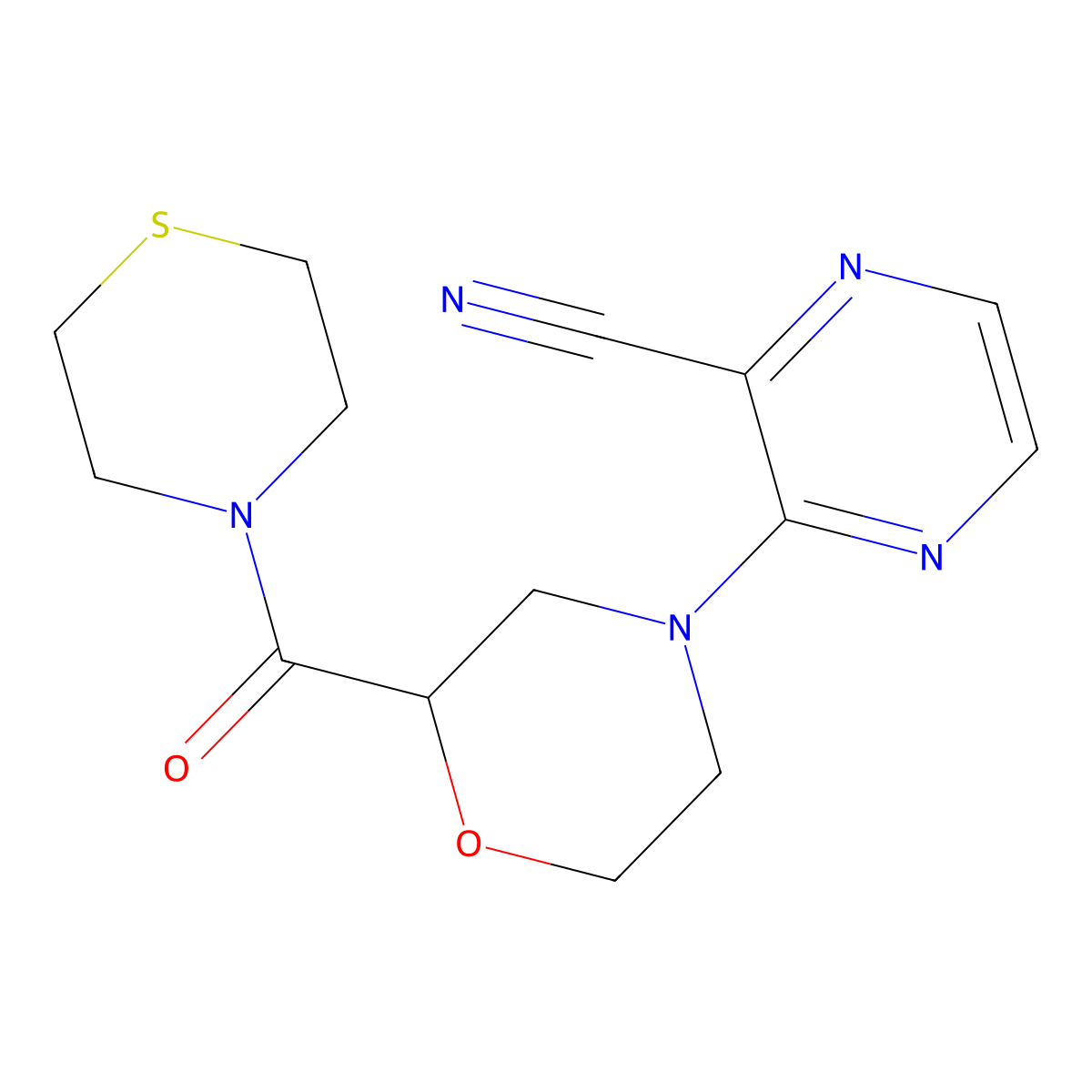 3-[2-(Thiomorpholine-4-carbonyl)morpholin-4-yl]pyrazine-2-carbonitrile molecular structure, CAS 2415565-35-2