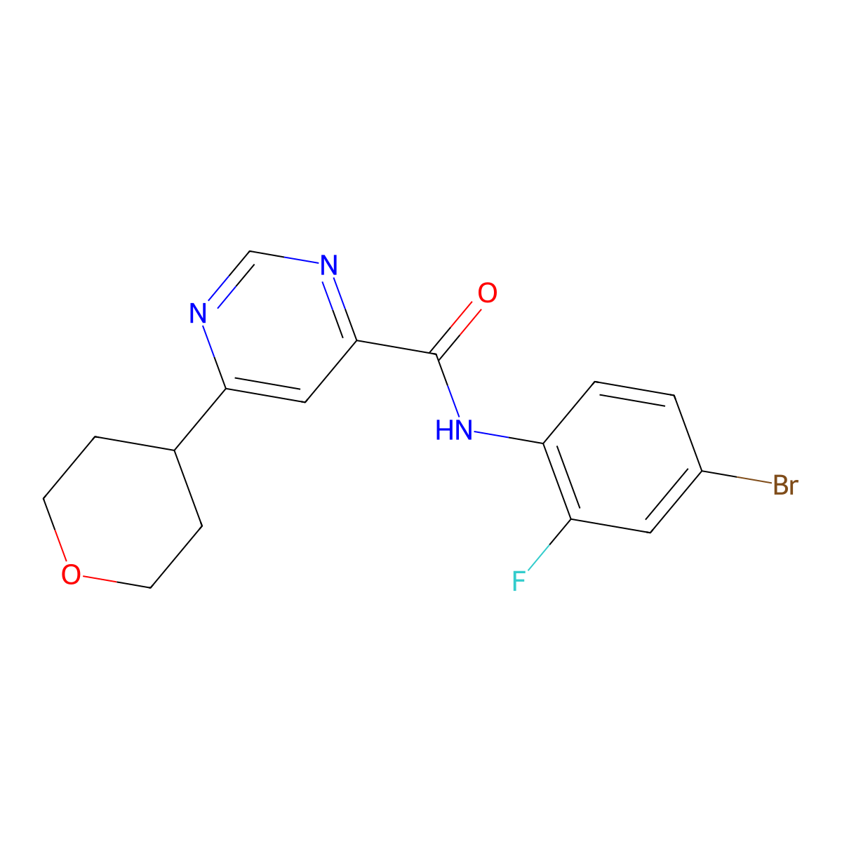 N-(4-Bromo-2-fluorophenyl)-6-(oxan-4-yl)pyrimidine-4-carboxamide molecular structure, CAS 2415565-40-9