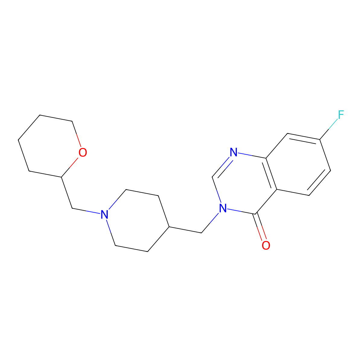 7-Fluoro-3-({1-[(oxan-2-yl)methyl]piperidin-4-yl}methyl)-3,4-dihydroquinazolin-4-one molecular structure, CAS 2415565-47-6