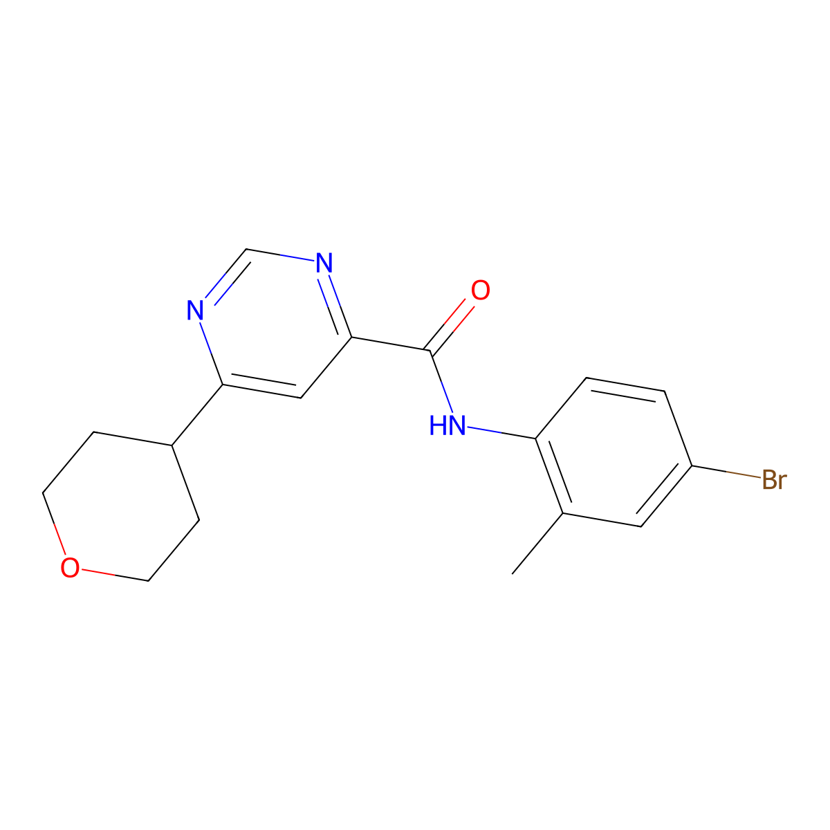 N-(4-Bromo-2-methylphenyl)-6-(oxan-4-yl)pyrimidine-4-carboxamide molecular structure, CAS 2415565-49-8