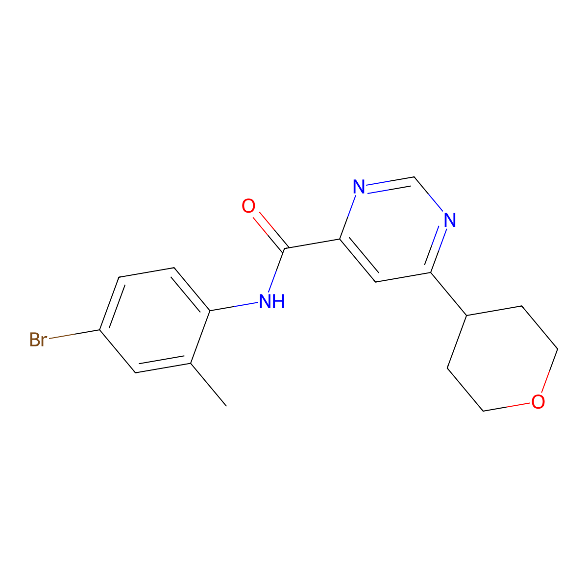 N-(4-Bromo-2-methylphenyl)-6-(oxan-4-yl)pyrimidine-4-carboxamide molecular structure, CAS 2415565-49-8