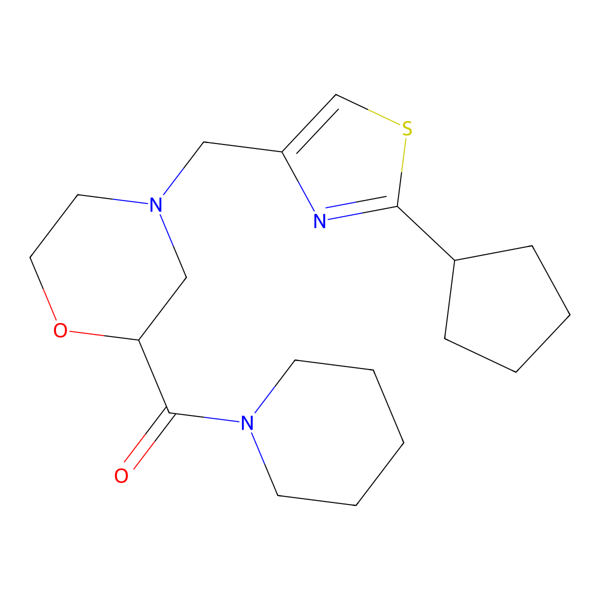 4-[(2-Cyclopentyl-1,3-thiazol-4-yl)methyl]-2-(piperidine-1-carbonyl)morpholine molecular structure, CAS 2415565-50-1
