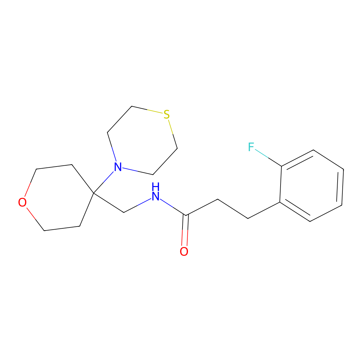 3-(2-fluorophenyl)-N-{[4-(thiomorpholin-4-yl)oxan-4-yl]methyl}propanamide molecular structure, CAS 2415565-59-0