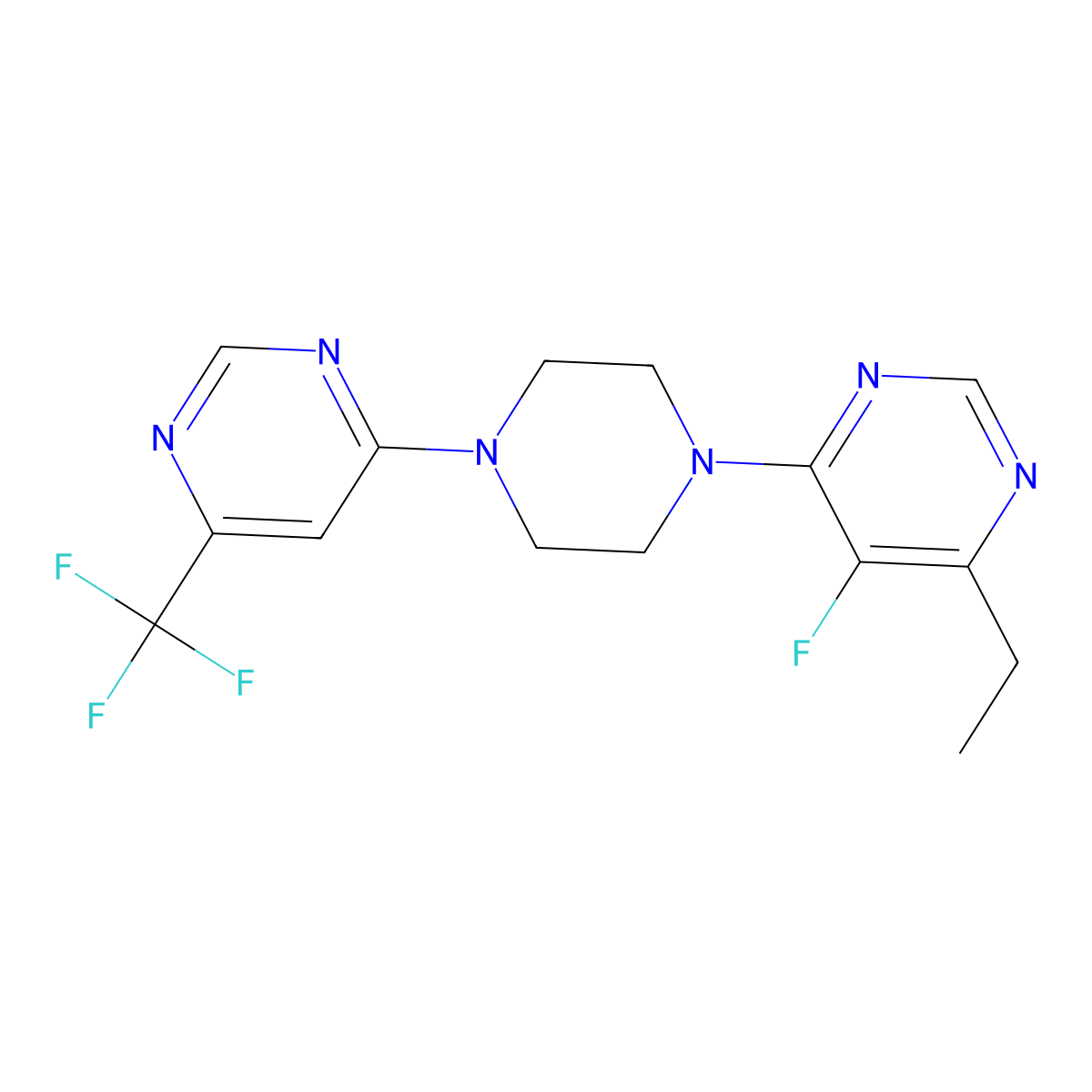 4-Ethyl-5-fluoro-6-{4-[6-(trifluoromethyl)pyrimidin-4-yl]piperazin-1-yl}pyrimidine molecular structure, CAS 2415565-64-7