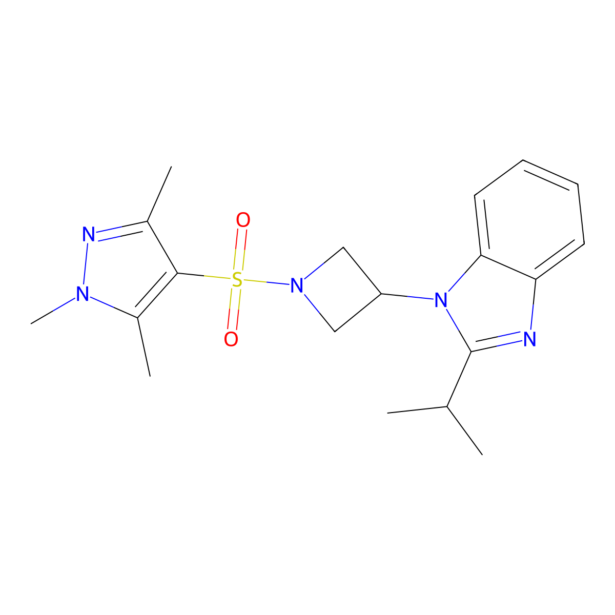 2-(propan-2-yl)-1-{1-[(1,3,5-trimethyl-1H-pyrazol-4-yl)sulfonyl]azetidin-3-yl}-1H-1,3-benzodiazole molecular structure, CAS 2415565-67-0
