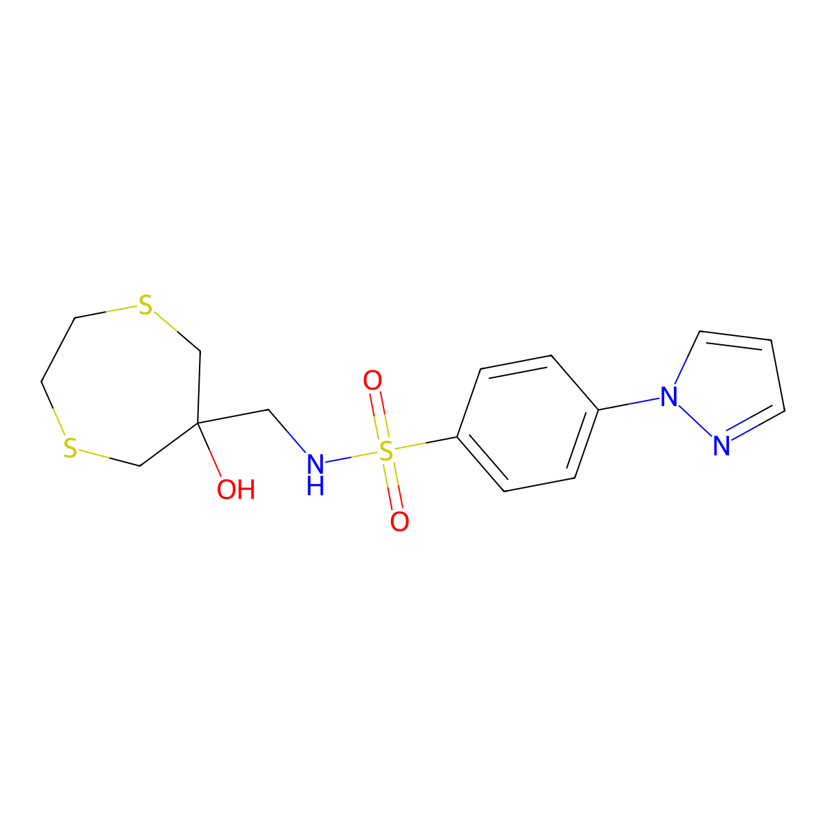 N-[(6-hydroxy-1,4-dithiepan-6-yl)methyl]-4-(1H-pyrazol-1-yl)benzene-1-sulfonamide molecular structure, CAS 2415565-80-7