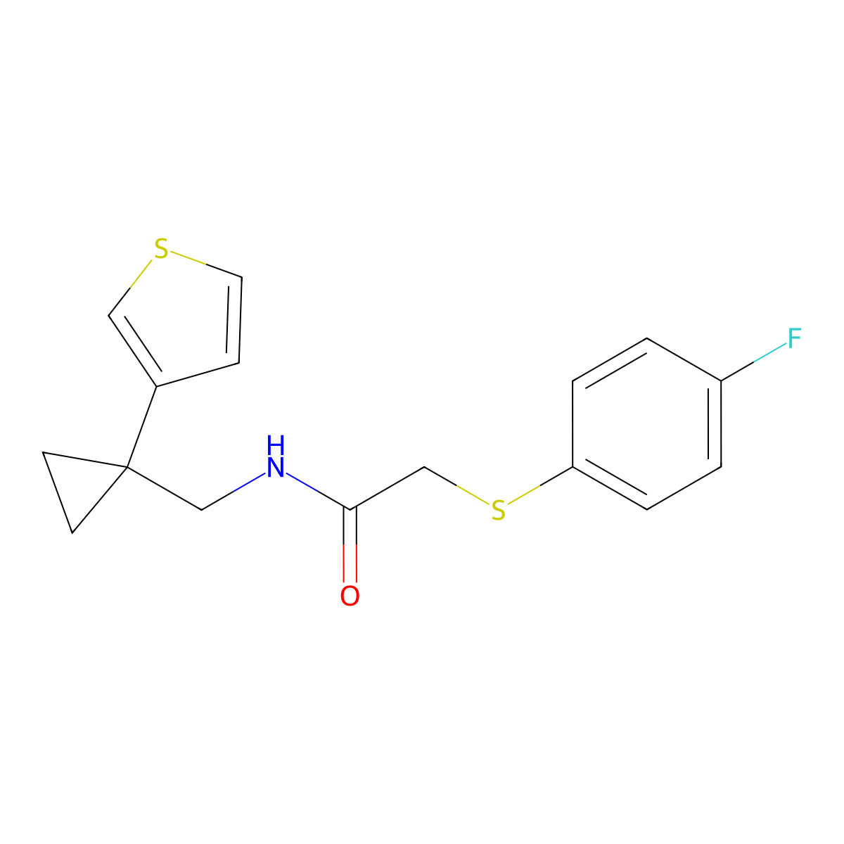 2-[(4-fluorophenyl)sulfanyl]-N-{[1-(thiophen-3-yl)cyclopropyl]methyl}acetamide molecular structure, CAS 2415565-85-2
