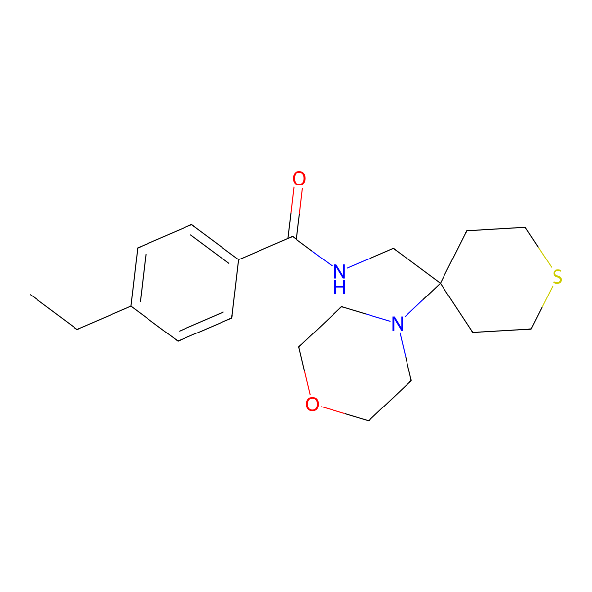 4-ethyl-N-{[4-(morpholin-4-yl)thian-4-yl]methyl}benzamide molecular structure, CAS 2415565-88-5