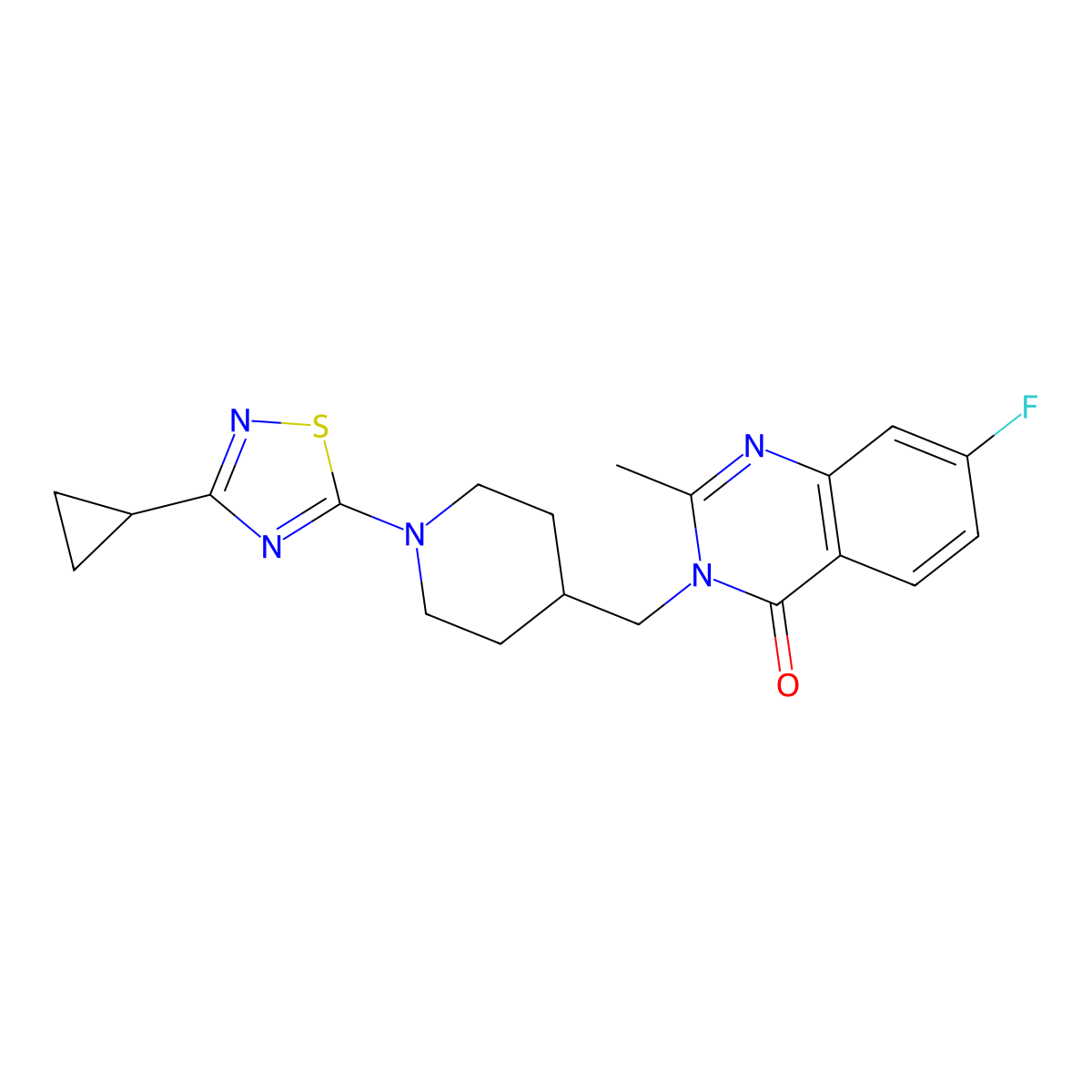 3-{[1-(3-Cyclopropyl-1,2,4-thiadiazol-5-yl)piperidin-4-yl]methyl}-7-fluoro-2-methyl-3,4-dihydroquinazolin-4-one molecular structure, CAS 2415565-90-9