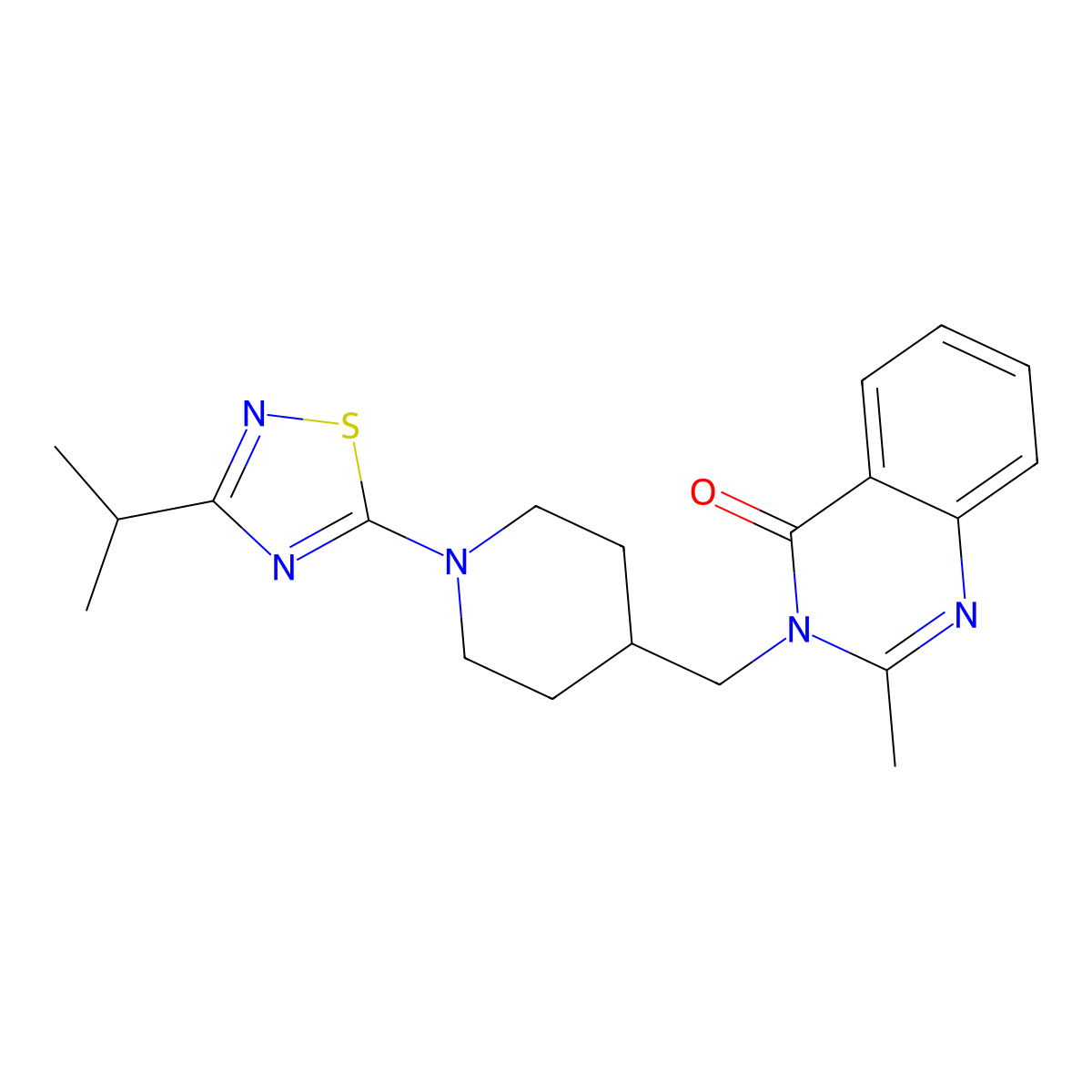 2-Methyl-3-({1-[3-(propan-2-yl)-1,2,4-thiadiazol-5-yl]piperidin-4-yl}methyl)-3,4-dihydroquinazolin-4-one molecular structure, CAS 2415566-23-1