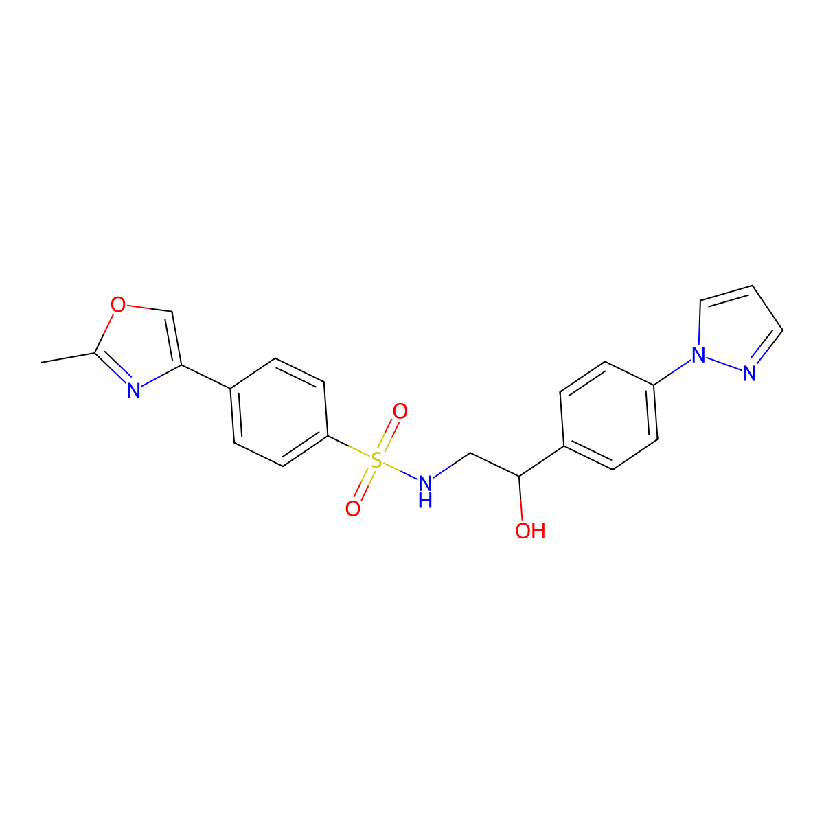 N-{2-hydroxy-2-[4-(1H-pyrazol-1-yl)phenyl]ethyl}-4-(2-methyl-1,3-oxazol-4-yl)benzene-1-sulfonamide molecular structure, CAS 2415566-32-2