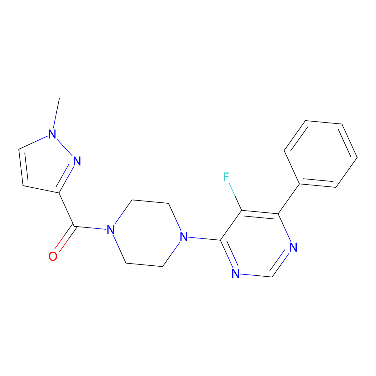 5-fluoro-4-[4-(1-methyl-1H-pyrazole-3-carbonyl)piperazin-1-yl]-6-phenylpyrimidine molecular structure, CAS 2415566-35-5