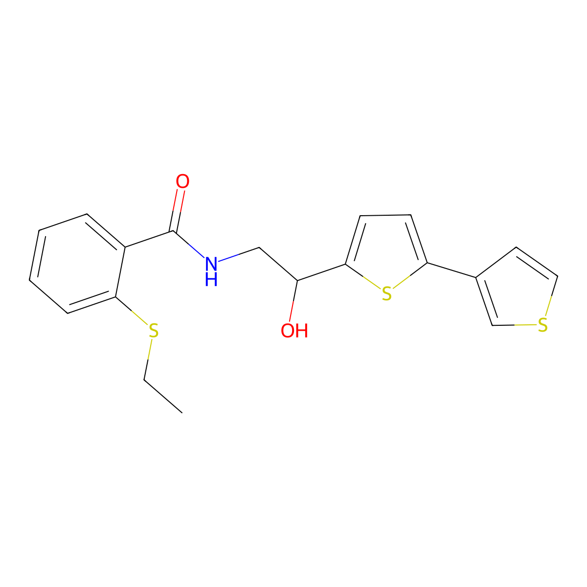 N-(2-{[2,3'-bithiophene]-5-yl}-2-hydroxyethyl)-2-(ethylsulfanyl)benzamide molecular structure, CAS 2415566-44-6