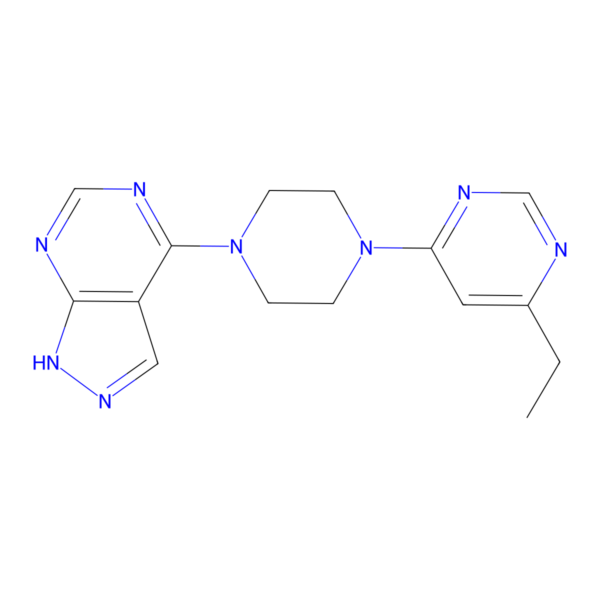 4-ethyl-6-(4-{1H-pyrazolo[3,4-d]pyrimidin-4-yl}piperazin-1-yl)pyrimidine molecular structure, CAS 2415566-50-4