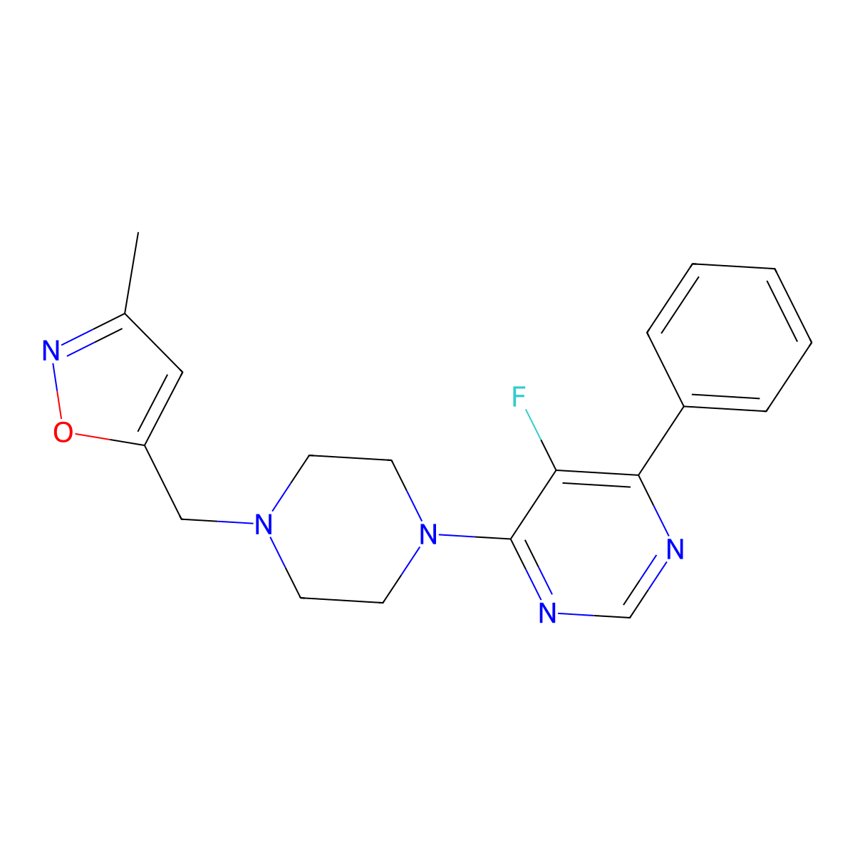 5-Fluoro-4-{4-[(3-methyl-1,2-oxazol-5-yl)methyl]piperazin-1-yl}-6-phenylpyrimidine molecular structure, CAS 2415566-57-1
