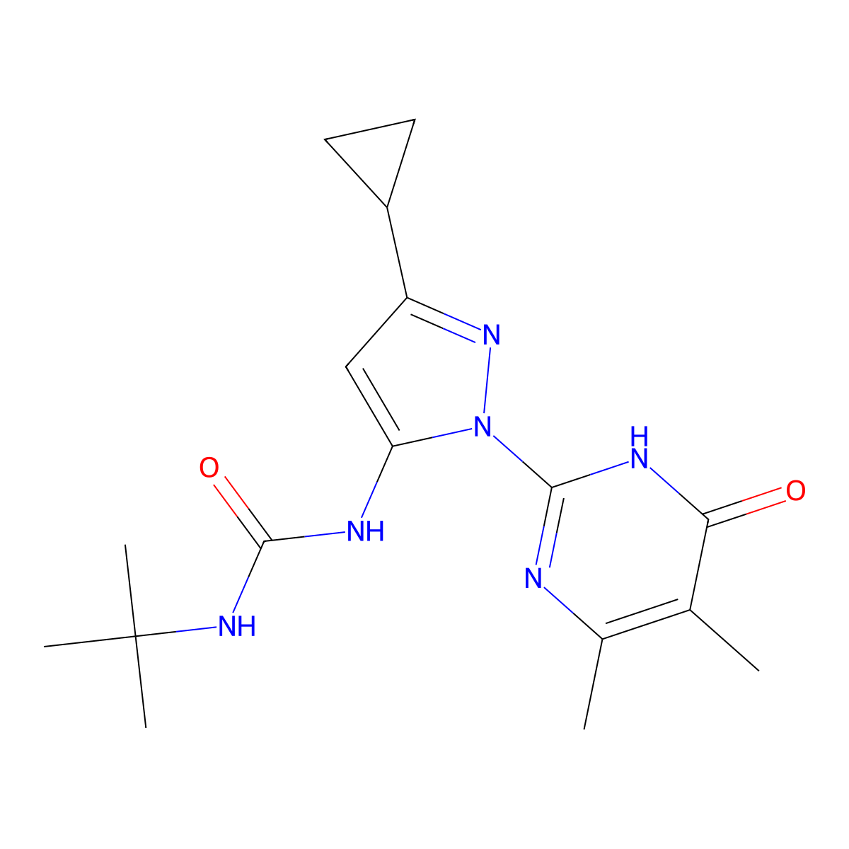 3-tert-butyl-1-[3-cyclopropyl-1-(4,5-dimethyl-6-oxo-1,6-dihydropyrimidin-2-yl)-1H-pyrazol-5-yl]urea molecular structure, CAS 2415566-63-9