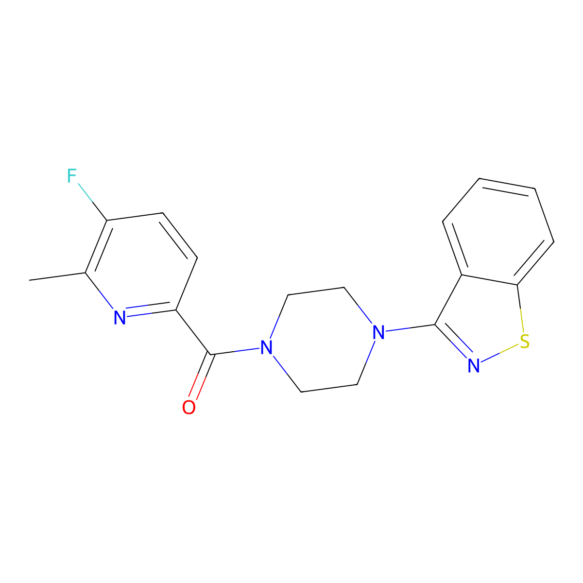 3-[4-(5-Fluoro-6-methylpyridine-2-carbonyl)piperazin-1-yl]-1,2-benzothiazole molecular structure, CAS 2415566-70-8