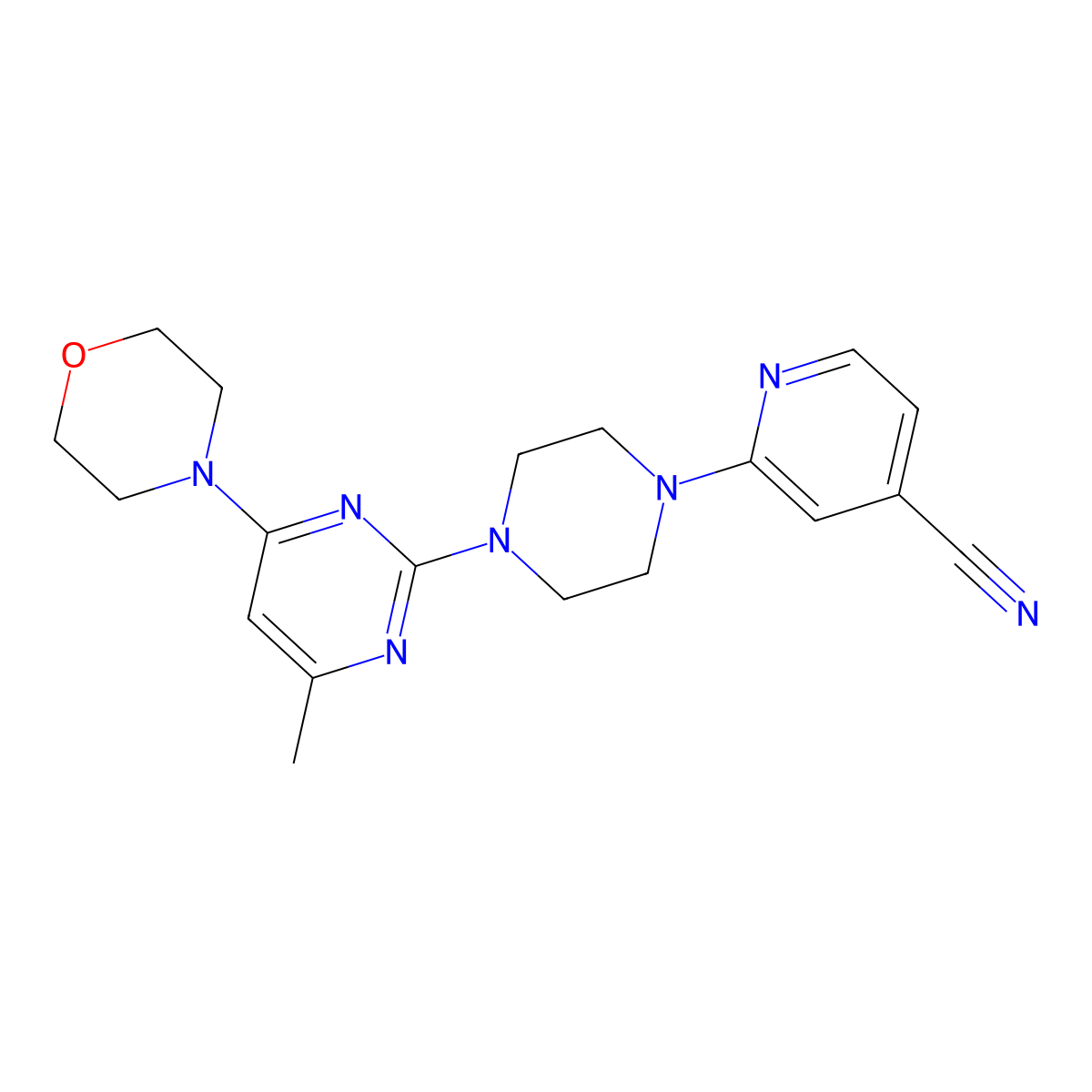 2-{4-[4-Methyl-6-(morpholin-4-yl)pyrimidin-2-yl]piperazin-1-yl}pyridine-4-carbonitrile molecular structure, CAS 2415568-46-4