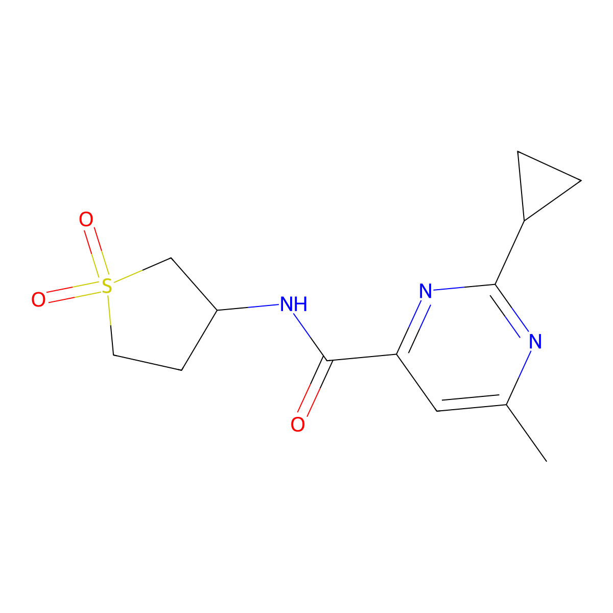 2-cyclopropyl-N-(1,1-dioxo-1lambda6-thiolan-3-yl)-6-methylpyrimidine-4-carboxamide molecular structure, CAS 2415568-65-7