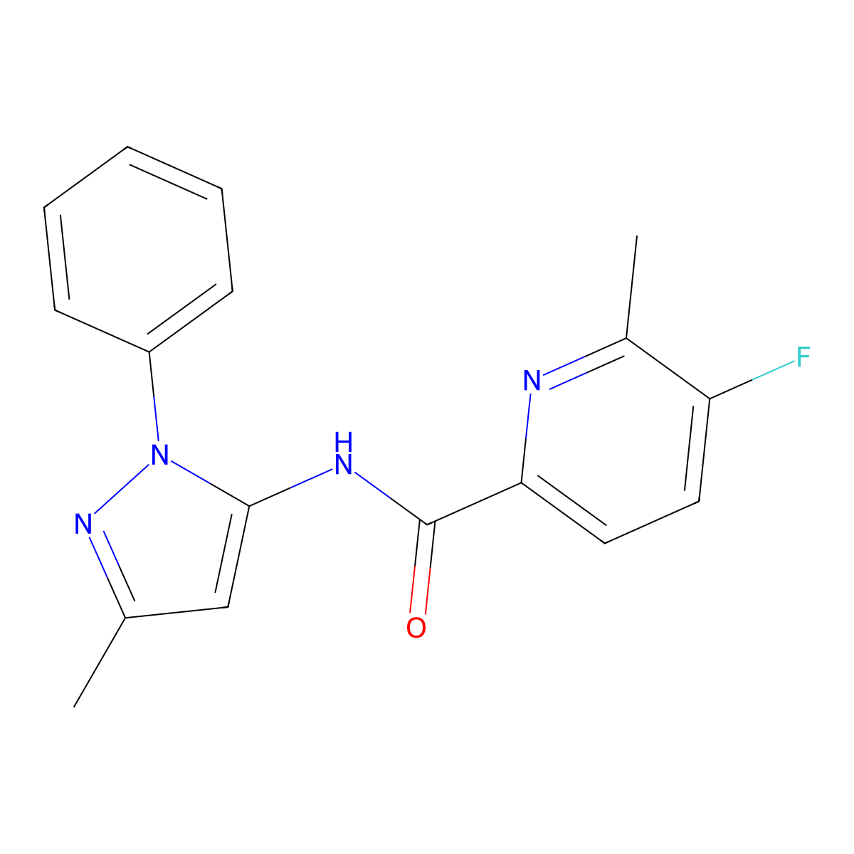 5-fluoro-6-methyl-N-(3-methyl-1-phenyl-1H-pyrazol-5-yl)pyridine-2-carboxamide molecular structure, CAS 2415568-71-5