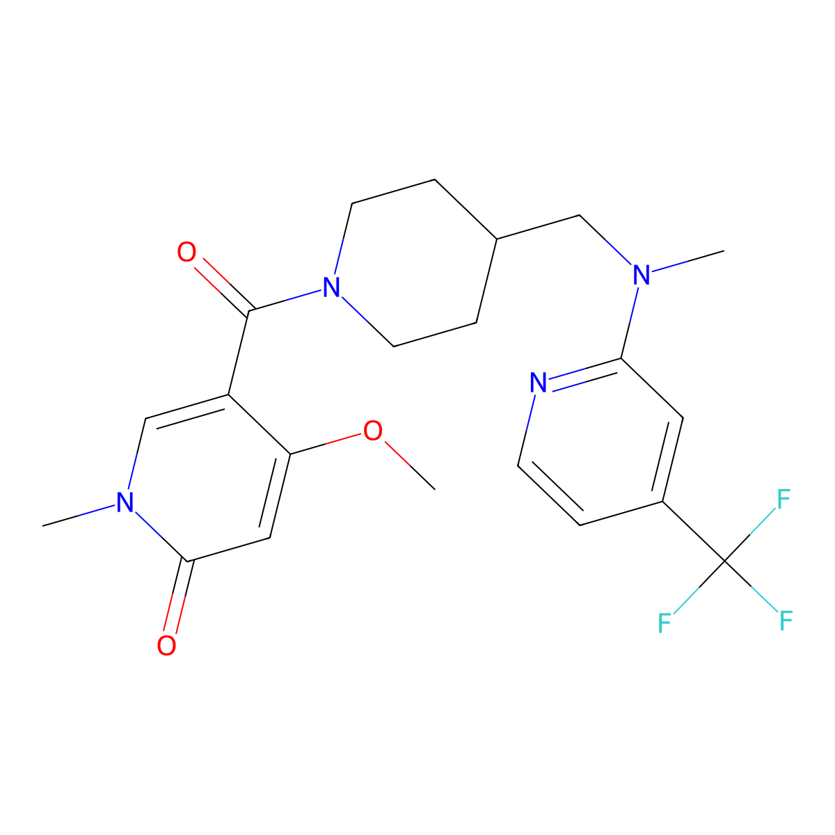 4-Methoxy-1-methyl-5-[4-({methyl[4-(trifluoromethyl)pyridin-2-yl]amino}methyl)piperidine-1-carbonyl]-1,2-dihydropyridin-2-one molecular structure, CAS 2415568-73-7