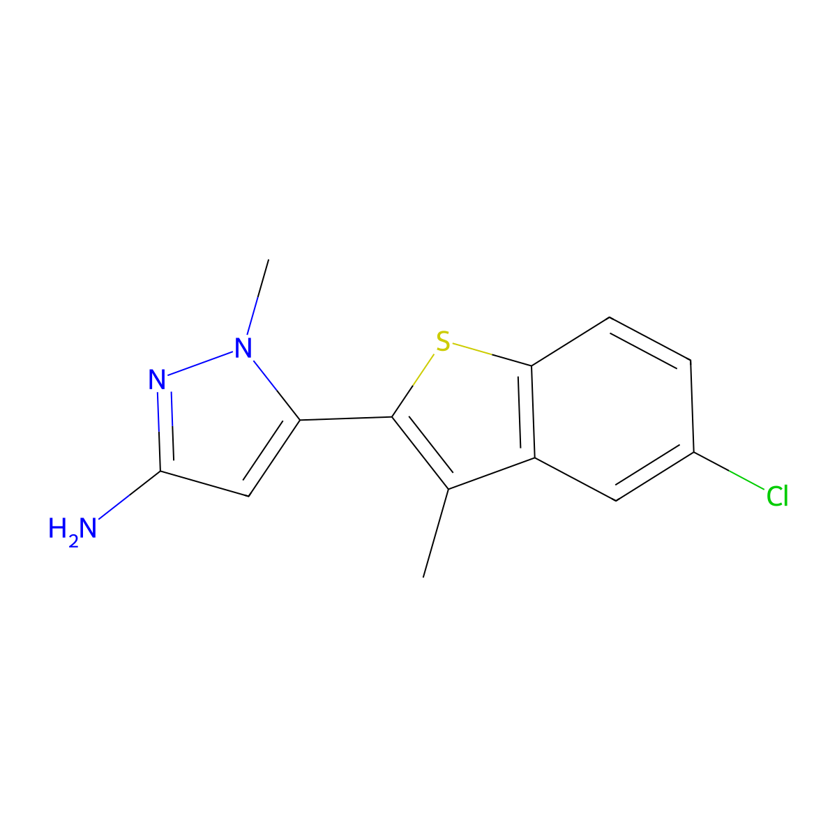 5-(5-chloro-3-methyl-1-benzothiophen-2-yl)-1-methyl-1H-pyrazol-3-amine molecular structure, CAS 2415568-94-2