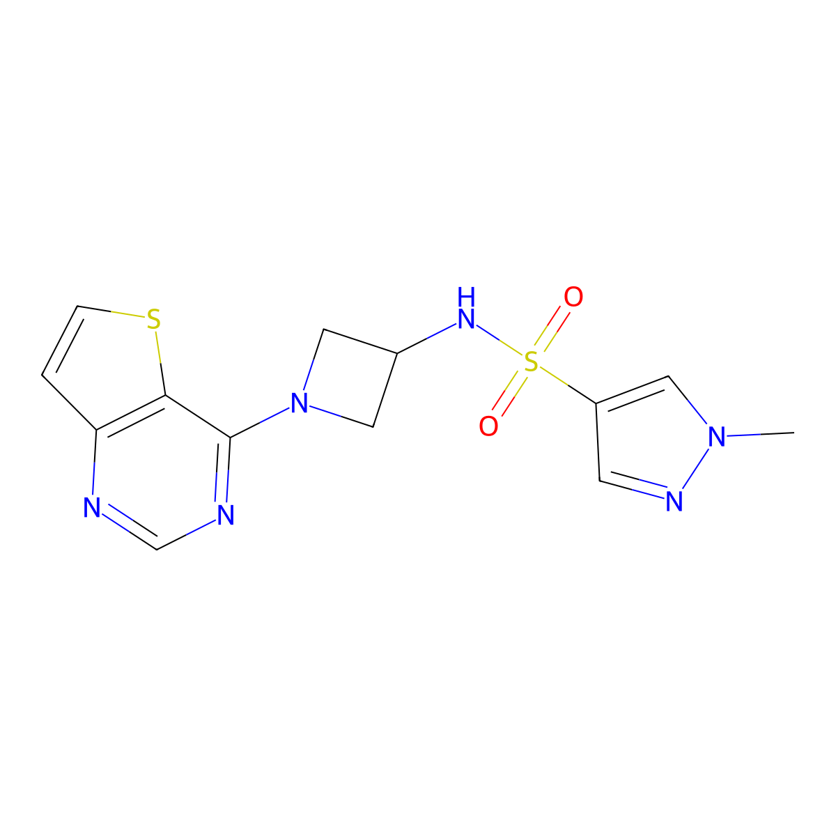 1-methyl-N-(1-{thieno[3,2-d]pyrimidin-4-yl}azetidin-3-yl)-1H-pyrazole-4-sulfonamide molecular structure, CAS 2415568-96-4
