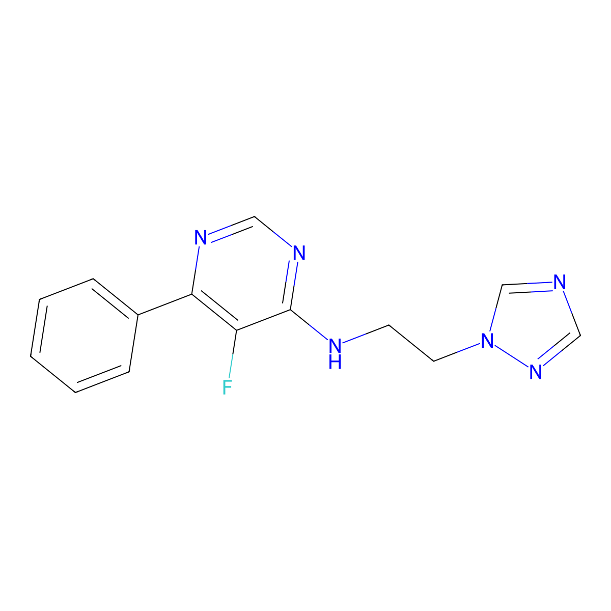 5-fluoro-6-phenyl-N-[2-(1H-1,2,4-triazol-1-yl)ethyl]pyrimidin-4-amine molecular structure, CAS 2415569-00-3