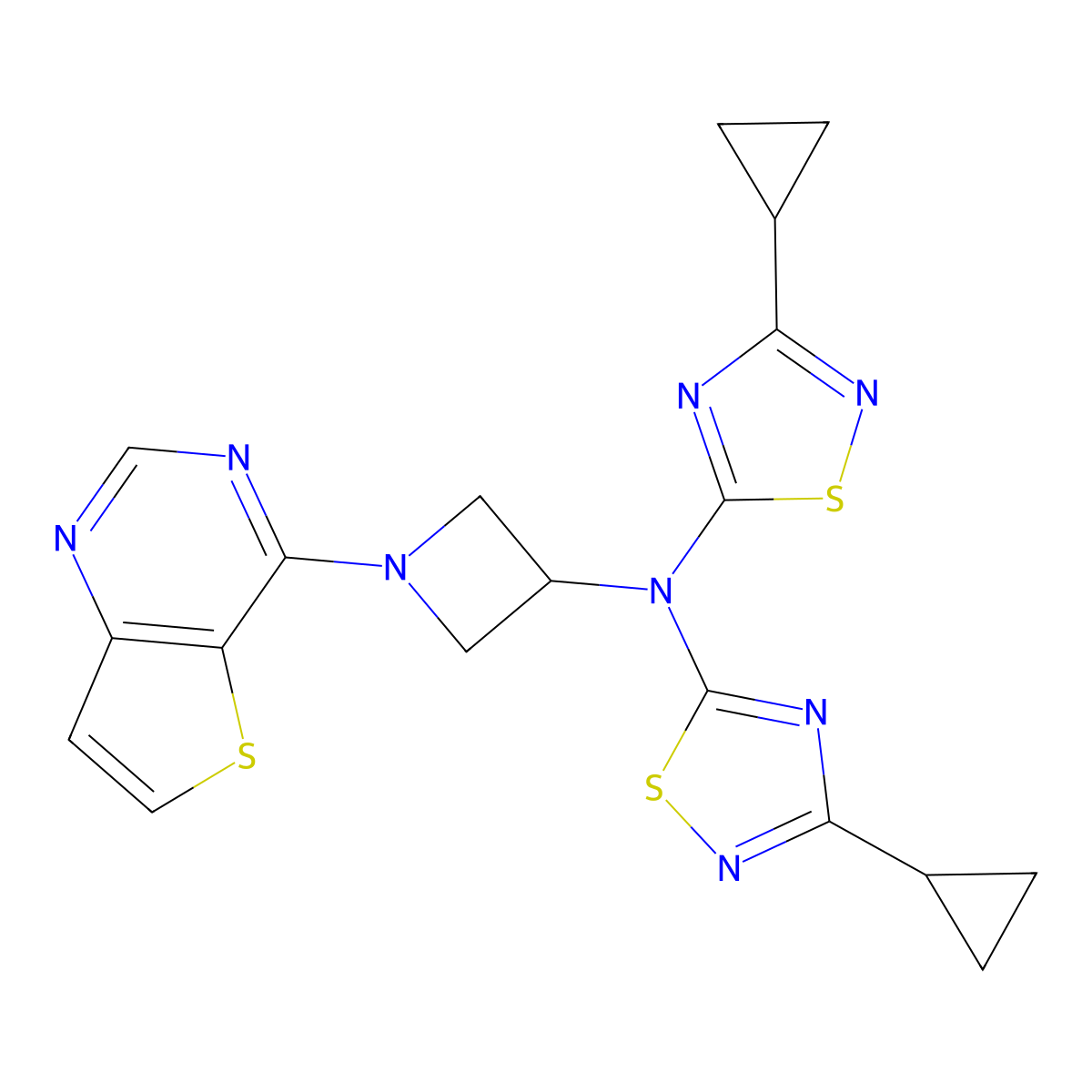 3-cyclopropyl-N-(3-cyclopropyl-1,2,4-thiadiazol-5-yl)-N-(1-{thieno[3,2-d]pyrimidin-4-yl}azetidin-3-yl)-1,2,4-thiadiazol-5-amine molecular structure, CAS 2415569-01-4