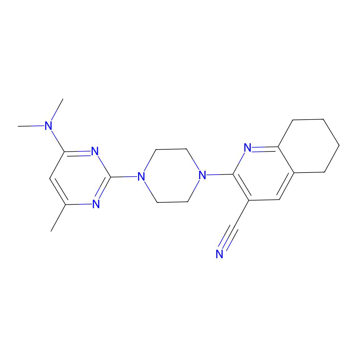 2-{4-[4-(Dimethylamino)-6-methylpyrimidin-2-yl]piperazin-1-yl}-5,6,7,8-tetrahydroquinoline-3-carbonitrile molecular structure, CAS 2415569-04-7
