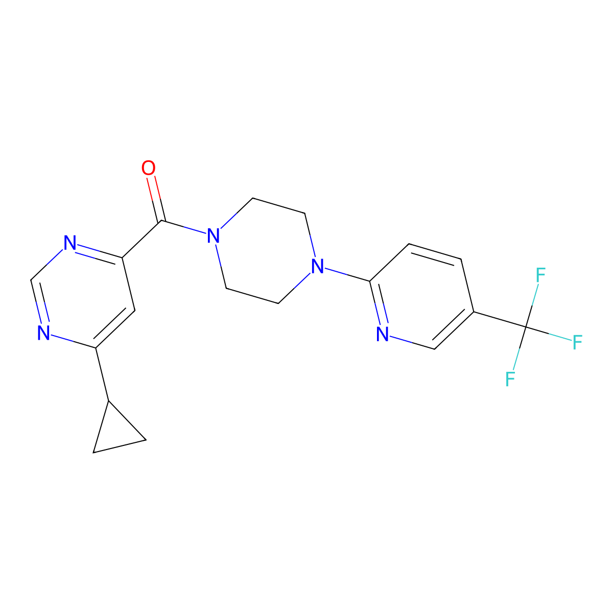4-Cyclopropyl-6-{4-[5-(trifluoromethyl)pyridin-2-yl]piperazine-1-carbonyl}pyrimidine molecular structure, CAS 2415569-23-0