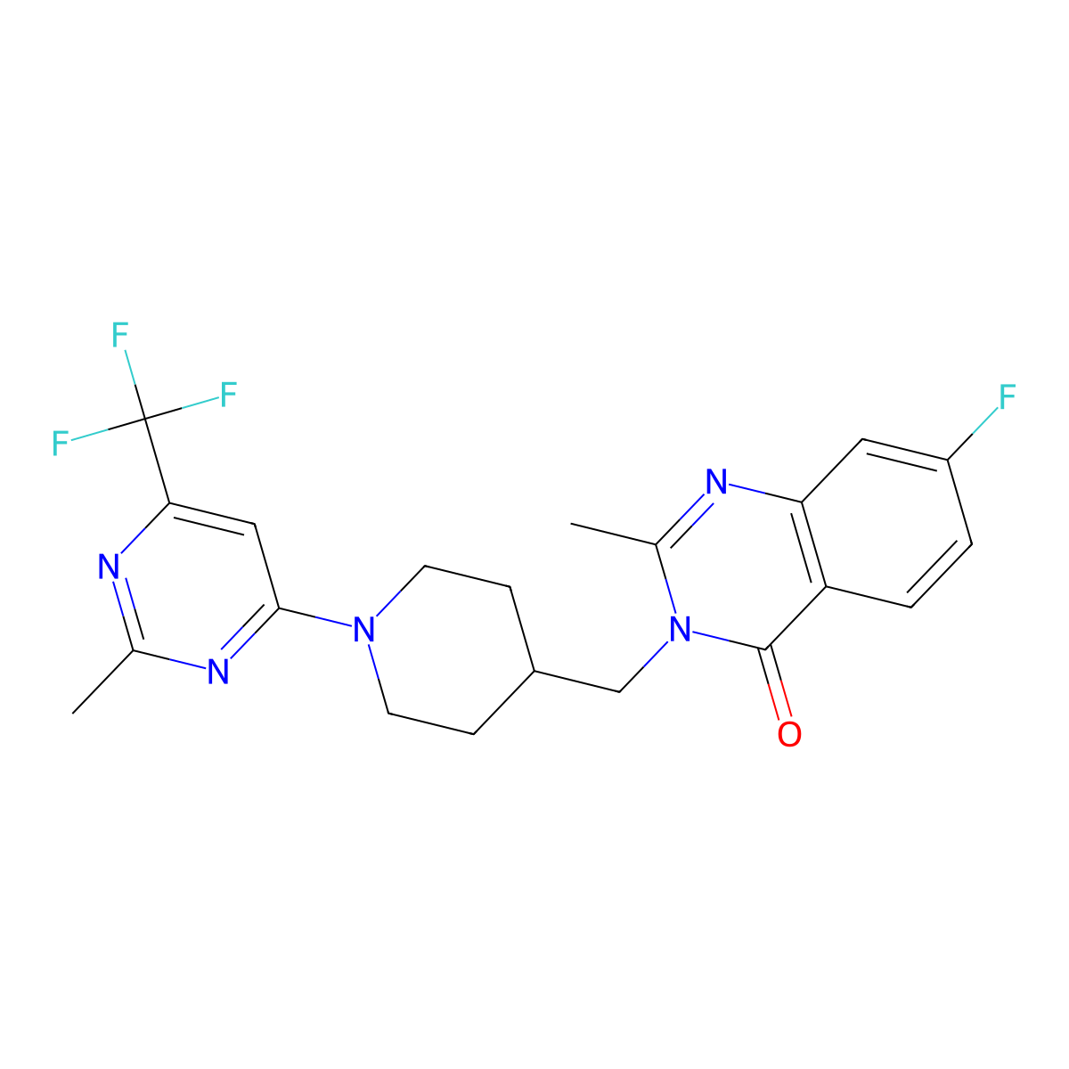 7-Fluoro-2-methyl-3-({1-[2-methyl-6-(trifluoromethyl)pyrimidin-4-yl]piperidin-4-yl}methyl)-3,4-dihydroquinazolin-4-one molecular structure, CAS 2415569-27-4