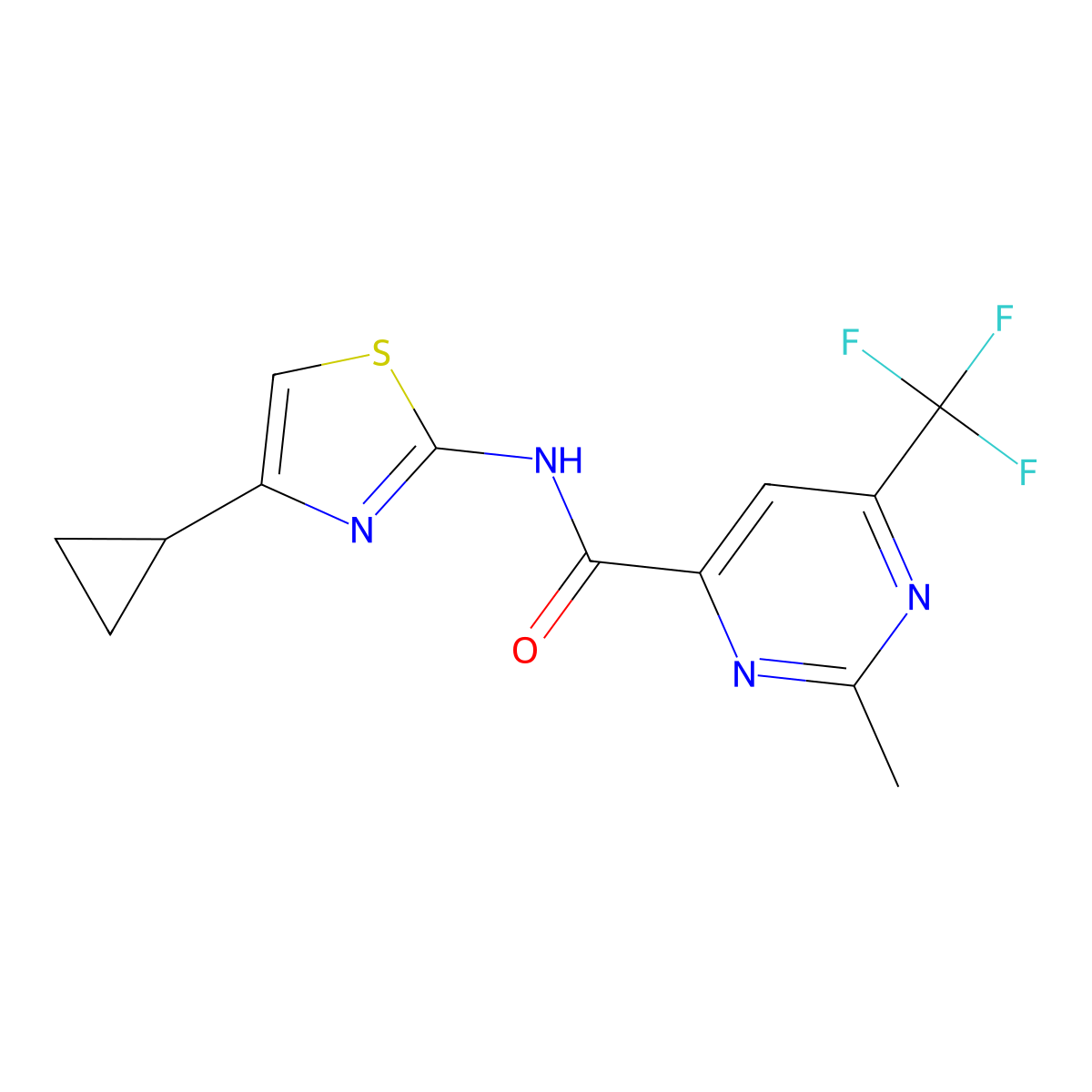 N-(4-Cyclopropyl-1,3-thiazol-2-yl)-2-methyl-6-(trifluoromethyl)pyrimidine-4-carboxamide molecular structure, CAS 2415569-28-5