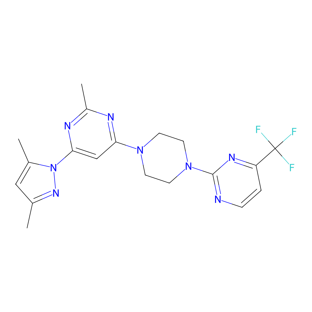 4-(3,5-dimethyl-1H-pyrazol-1-yl)-2-methyl-6-{4-[4-(trifluoromethyl)pyrimidin-2-yl]piperazin-1-yl}pyrimidine molecular structure, CAS 2415569-30-9