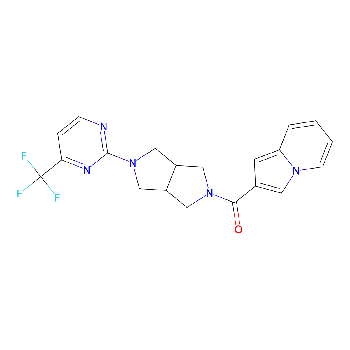 2-{5-[4-(Trifluoromethyl)pyrimidin-2-yl]-octahydropyrrolo[3,4-c]pyrrole-2-carbonyl}indolizine molecular structure, CAS 2415569-32-1