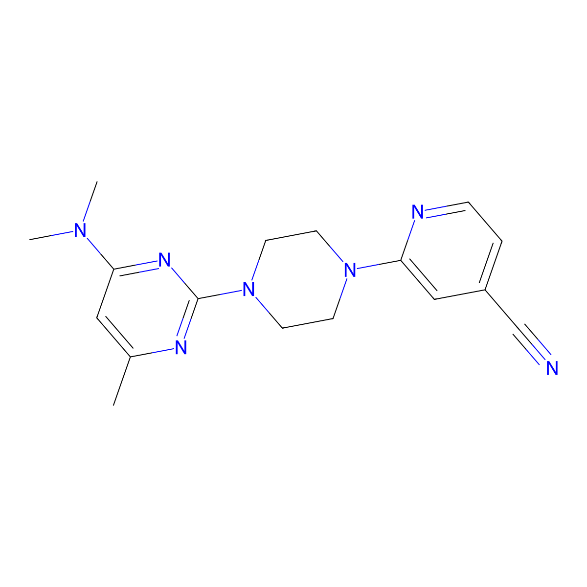2-{4-[4-(Dimethylamino)-6-methylpyrimidin-2-yl]piperazin-1-yl}pyridine-4-carbonitrile molecular structure, CAS 2415569-33-2
