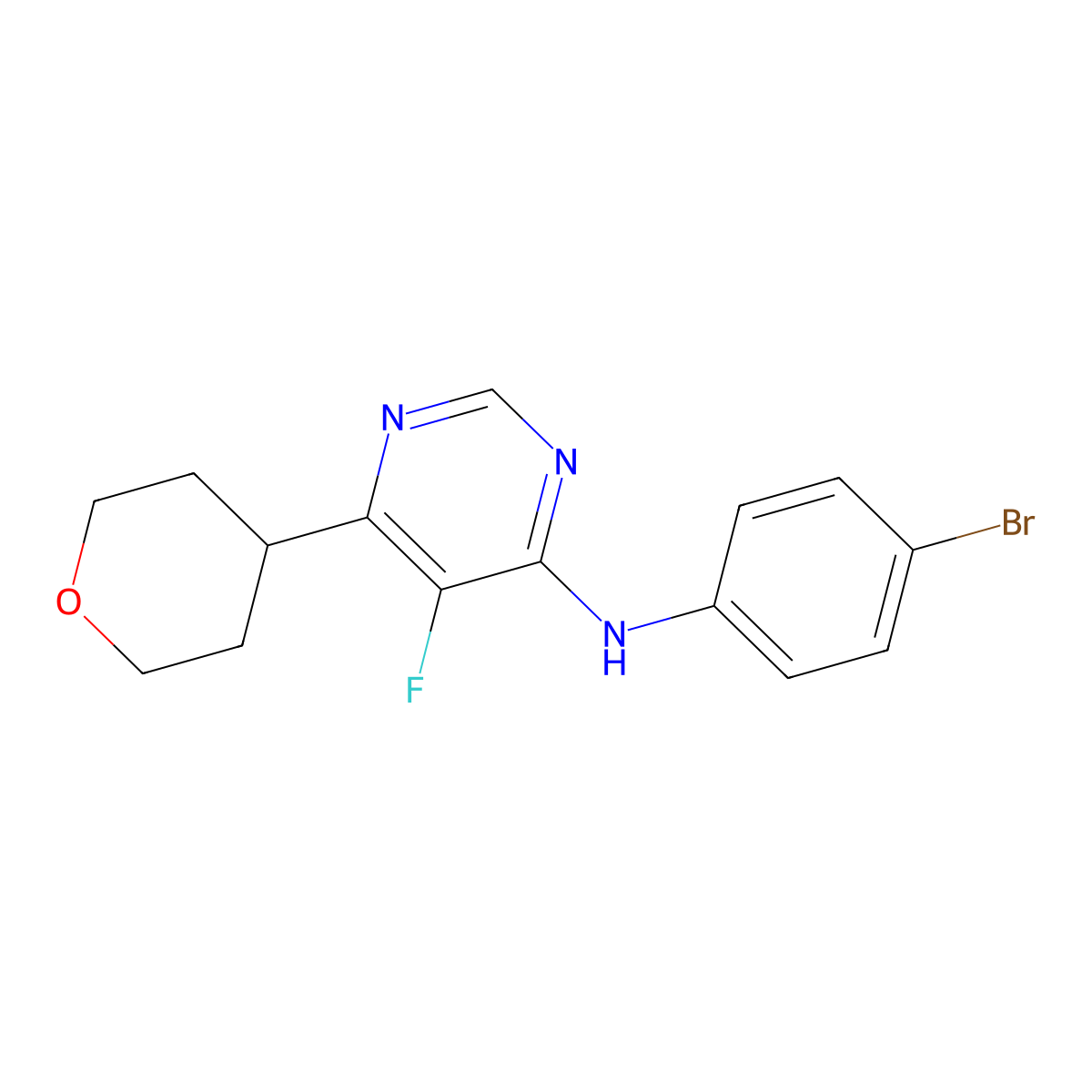 N-(4-bromophenyl)-5-fluoro-6-(oxan-4-yl)pyrimidin-4-amine molecular structure, CAS 2415569-36-5
