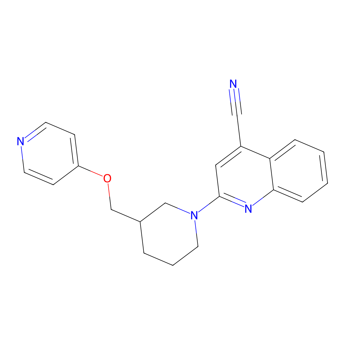 2-{3-[(Pyridin-4-yloxy)methyl]piperidin-1-yl}quinoline-4-carbonitrile molecular structure, CAS 2415569-38-7