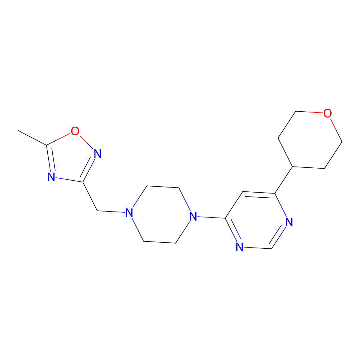 4-{4-[(5-Methyl-1,2,4-oxadiazol-3-yl)methyl]piperazin-1-yl}-6-(oxan-4-yl)pyrimidine molecular structure, CAS 2415569-39-8